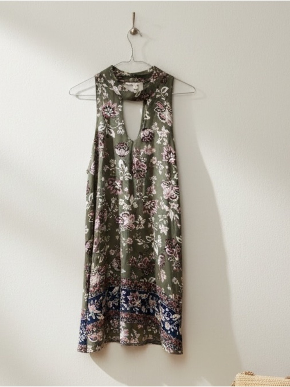 Blue Rain Green Floral Halter V-neckline Lined Bohemian Dress Size L
